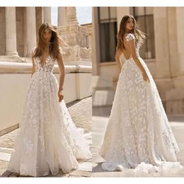 Applique Dresses Vintage Bohemian Lace Deep V Neck Backless Short Sleeves Bridal Gowns Sweep Train Boho Wedding Gown Bc