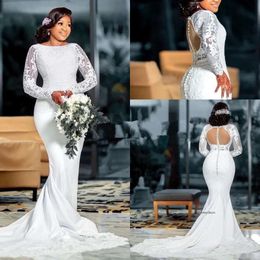 White Lace Plus Size Arabic Aso Ebi Beaded Mermaid Wedding Gowns 2022 Long Sleeves Covered Buttons Back African Bridal Party Dresses 0431