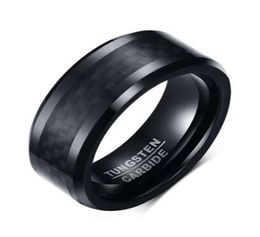 Wedding Ring Beveled Edge 8mm Comfort Fit Mens Black Tungsten Carbide Weeding Band Ring With Black carbon fiber26246798142
