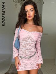 Casual Dresses BOOFEENAA Off Shoulder Flared Long Sleeve Mini For Women Sexy See Through Lace Bodycon Dress Fashion 2024 C85-DZ20