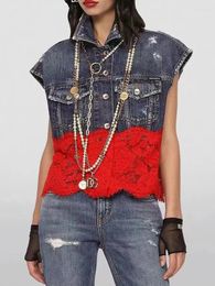 Women's Blouses Vintage Denim Patchwork Lace Lapel Sleeveless Shirt Summer Fashion Luxury All-fit Straight-leg Clip Top