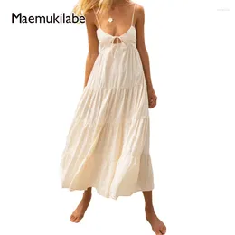 Casual Dresses Maemukilabe Beach Backless Maxi Long Women Vintage Low Cut Tie Up V-neck A-line Dress Summer Holiday Club Party Vestidos