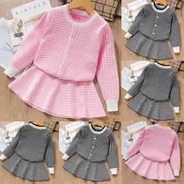 Clothing Sets Girl Houndstooth Knitted Suit Children's Long Sleeves Sweater Cardigan Skirt Pants Hoodie