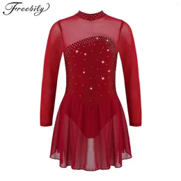 Stage Wear Girls Shiny Rhinestone Ballet Dance Leotard Dress Kids Sheer Mesh Long Sleeves Figure Ice Skating Performance Costumes