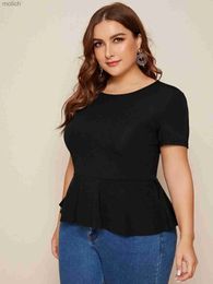 Women's T-Shirt Plus Size Elegant and Fashionable Summer and Spring Short Sleeve Ruffled Hem Top Womens Solid Black Casual Keyhole Back Shirt Large 7XLWX