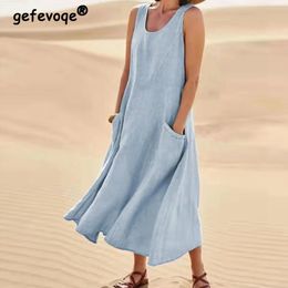 Vintage Casual O Neck Pockets Sleeveless Cotton Linen Beach Midi Dress Women Holiday Summer Solid Loose Dresses Vestidos Clothes 240415