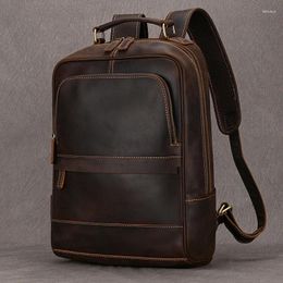 Backpack Men Crazy Horse Leather Dark Brown 15 Inch Genuine Rucksack Male Large Capacity Travel Bag Retro School Pack