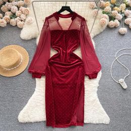 Casual Dresses Vintage Elegant Perspective Mesh Splice Party Dress Diamond Black Red Velvet For Women's Luxury Evening