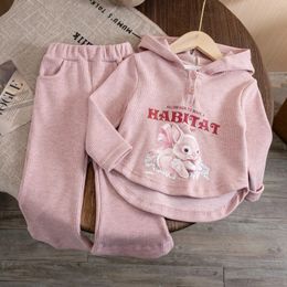 Childrens Top and Bottom Clothes Set 2024 Fashionable Little Girls Hooded Sweatshirt Rabbit Fashion Suit Outfit 240428