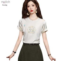 Women's T-Shirt Chinese style T-shirt Womens casual fashion embroidered T-shirt O-neck new 2024 summer splicing short sleeved T-shirtWX