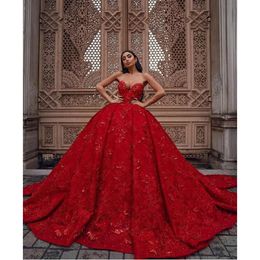 Red Quinceanera Ball Gown Dresses Sweetheart Lace Appliques 3D Floral Flowers Sequins Crystal Beads Formal Party Prom Evening Gowns Robe De Mariage S s