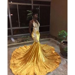 Veet Mermaid Yellow Prom Long Dresses Black Girls' Halter Lace Appliques Backless Sweep Train Evening Gowns Bc0829