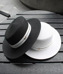 Wide Brim Hats 2021 M Letter Flat Top Straw Hat Ribbon Boater Beach Women039s Summer Fedora Panama Travel Sun Cap5152481