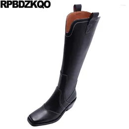 Boots Real Leather Women Cowgirl Knee High Wide Calf Slip On British Square Toe Patent Western Cowboy Heel Black Chunky Shoes