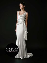 French light wedding dress niche high-end satin simple and sexy backless dress white fishtail engagement dress