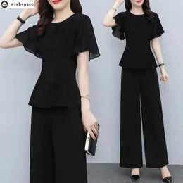 Women's Two Piece Pants Summer Fashion Suit Black Thin Flying Sleeve Chiffon Shirt High Waist Wide Leg Temperament Two-piece Set