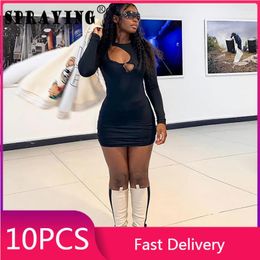 Casual Dresses 10 Pcs Fall 2024 Long Sleeve Hollow Out Bodycon Mini Dress Bulk Items Wholesale Lots Sexy Y2k Women Clothing S12542