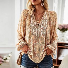 Boho Inspired Boho blouse floral print V-neck long sleeve blouse women chic women blouse Hippie bohemian style autumn women tops 240415