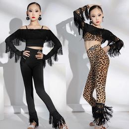 Stage Wear Black Leopard Latin Dance Competition Clothes For Girls Fringed Sleeves Top Pants Kids Chacha Ballroom Costume 9997