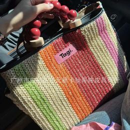 tote handbag Tagi Tanhulu Tomatoes sticks color contrast woven bag striped picnic bag wooden bead three-stage handbag adjustable diagonal span