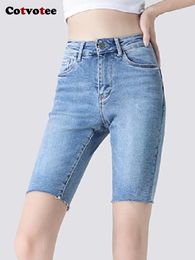 Women's Jeans Yitimuceng Blue For Women 2024 Fashion Casual Biker Shorts Vintage Chic High Waisted Burr Knee Length Y2k