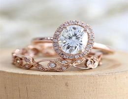 18K Rose Gold Filled Antique Design White Sapphire and Diamond Bridal Wedding Ring Set US Size 5127725535