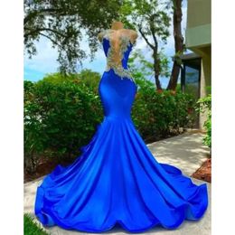 Sheer Royal Neck Blue Crew Long Mermaid Prom Dresses Black Girls Appliques festa di compleanno Abiti da sera senza schienale Robe De Bal