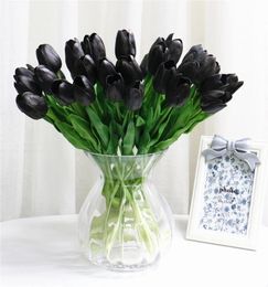 PU real touch artificial black rose tulip gorgeous latex flower stamens wedding fake flower dcor home party memorial 15PCSLOT6000379