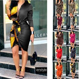 Casual Dresses Summer Sexy Satin Women Long Sleeve Holiday Print V-Neck Office Elegant Dress Ruched Slim Party Club Vestidos