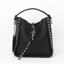 Drawstring Genuine Leather Ladies Bucket Bag High Quality Soft Cowhide Fashion Rivets Shoulder 2024 Trend Luxury Designer Crossbody