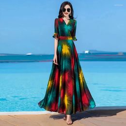 Party Dresses 2024 Summer Chiffon Large Swing Printed Women's Elegant Slim V-Neck Oversize 4XL Long Bohemian Dress