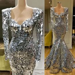 Sier Mermaid -Pailletten Kleider Kleider funkelnde Ärmeln Arabisch Abendkleid Dubai Lange elegante Frauen formelle Party Gala -Kleider