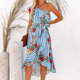 Casual Dresses Summer Dress Women's Sexy Slash Neck Striped Floral Print Sleeveless Ruffles High Waist Irregular