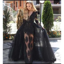 Black 2018 Mermaid Evening Abiti sexy indossare a V Neck a serratura maniche lunghe Appliques in pizzo in rilievo Sede attraverso abiti da ballo di festa over -overkirts