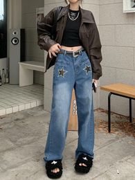 Women's Jeans 2024 Vintage Star Pocket Stitching Straight Denim Pants Women Y2k Streetwear Casual Trousers Harajuku Low Rise Capris