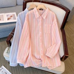 Plus Size womens spring casual shirt terylene cotton fabric striped top medium long pocket comfortable breathable 240419