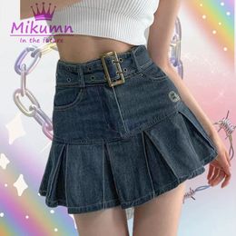 Harajuku Y2k Kawaii Girl Denim Skirt College Style Women Pleated Skirt Jeans Casual High Waist Mini A-line Short Skirt Saias 240415