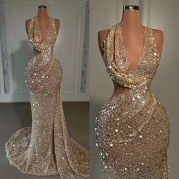 Mermaid Sequins Evening Elegant Halter Champagne Gold V Neck Promdress Glitter Formal Dresses For Special Ocns Sweep Train Robe De Soiree