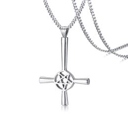 Large Silver Inverted Cross Occult Pentagram Necklace in Stainless Steel Satanic Gothic Satan Jewelry6909363