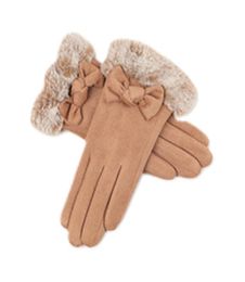 Five Fingers Gloves Faux Suede Protective Outdoor y Women Winter Full Finger Soft Warm TouchScreen Thicken Cosy Adult Bow Tie Windproof1654005