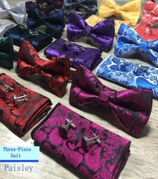 New Design Self Bow Tie And Hanky Cufflinks Set Silk Jacquard Woven Men Butterfly BowTie Pocket Square Handkerchief Suit Wedding5584412