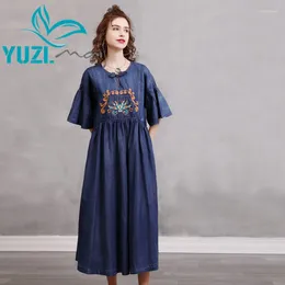 Party Dresses Summer Dress 2024 Yuzi.may Boho Denim Women O-Neck Vintage Embroidery Flare Sleeve Loose Vestidos A82336 Vestido