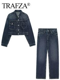 TRAFZA Women Fashion Heart Pattern Denim Coat Pant Sets Long Sleeve Button Denim Jackets High Waist Jeans Trousers Streetwear 240420