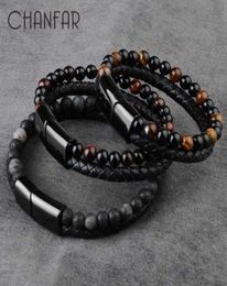 Bangle Natural Stone Bracelets Genuine Leather Braided Bracelet Black Stainless Steel Magnetic Clasp Tiger eye Bead Bangles Men Je4580353