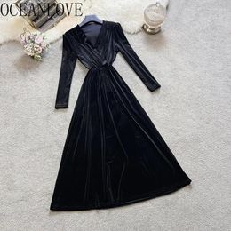 Casual Dresses OCEANLOVE Velvet For Women V Neck Elegant Solid Black Autumn Winter Vestidos Para Mujer Korean Fashion Long Dress