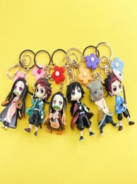 Keychains Anime Demon Keychain Cute Brinco Blade Of Ghost PVC Key Chain Kamado Tanjirou Cosplay Pompom Yaiba Keyring Pendant2779190