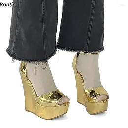 Dress Shoes Rontic Handmade Women Platform Ankle Strap Sandals Wedges Heels Peep Toe Gorgeous Gold Party Ladies US Plus Size 4-20