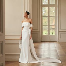 Eleganckie długie batuau deck Crepe Garden Suknie ślubne syrena z kości słoniowej plisowane vestido de noiva zamek błyskawiczny