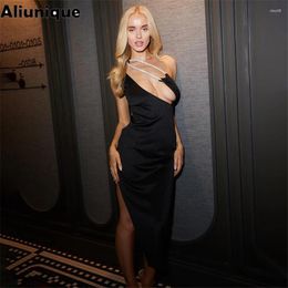 Casual Dresses 2024 Spring Elegant Women Diagonal Collar Party Dress Sexy Female Sleeveless One Shoulder Hollow Out Mid-calf Evening Wear