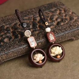 Keychains Lanyards New Buddhist Lotus Keychain Accessories Wooden Buddha Lucky Beads Keychain Jade Pendant Car Bag Keychain Buddhist Gifts Q240429